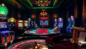 Experience the thrill of winning at i9bet with an exciting casino atmosphere featuring poker games and vibrant slot machines.