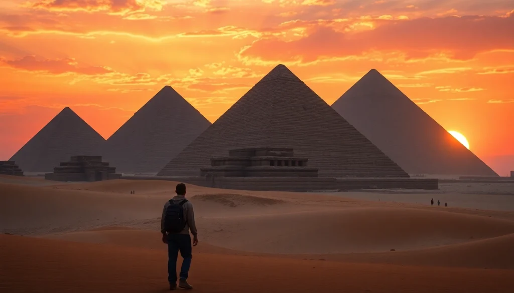 Pyraminds illuminated by a vibrant sunset with a traveler silhouetted in the foreground.