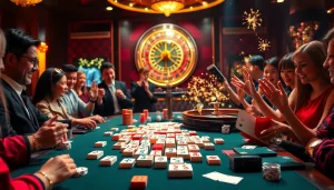 Engage in link mahjong as players connect vibrant tiles at a lively casino table.
