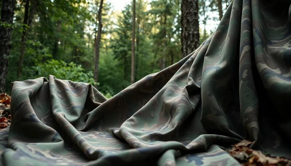 Toon camouflage stoffen in verschillende natuurlijke omgevingen, variërend in kleur en textuur.