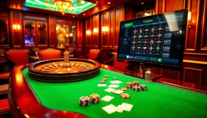 Vivez l'excitation du casino en ligne France avec des jetons de poker vibrants et une roue de roulette.