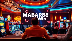 MABAR88 Menang ditampilkan pada antarmuka kasino online yang berwarna-warni dengan para pemain menikmati permainan slot dan poker.