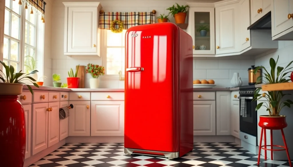 Vibrant retro appliance, a classic red refrigerator, in a stylish vintage kitchen setting.