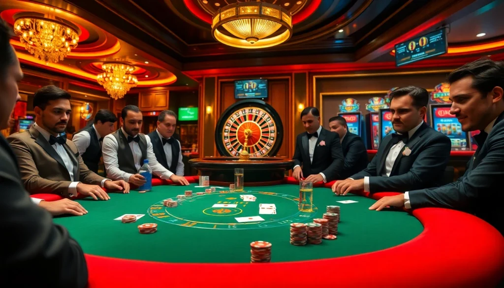 Scène de poker à enjeux élevés captivante au casino en ligne France avec des joueurs, des jetons et une décoration de casino vibrante.