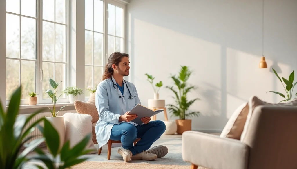 An expert examines anxiety symptoms in a soothing therapy setting with natural light.