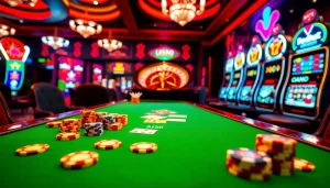 Jeu engageant dans un casino en ligne France luxueux avec des jetons de poker et une roue de roulette.