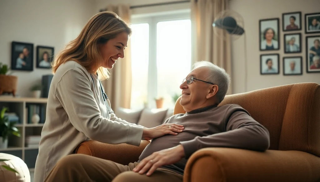 A caregiver provides compassionate care at home for an elderly patient in a cozy environment.