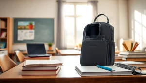 Handytasche Lehrer auf einem Schreibtisch, umgeben von Lehrmaterialien in einem Klassenzimmer.