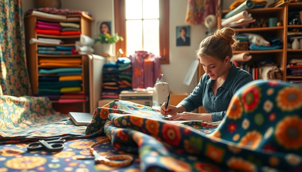 Koop dames stoffen online met levendige patronen in een gezellige naaistudio.