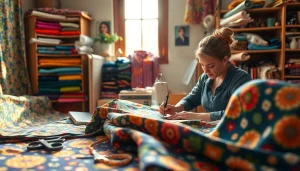 Koop dames stoffen online met levendige patronen in een gezellige naaistudio.