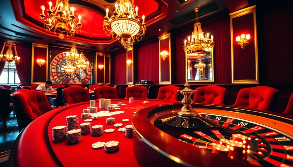 Vivez l'excitation du casino en ligne France avec une scène de casino luxueuse mettant en vedette le poker et la roulette.