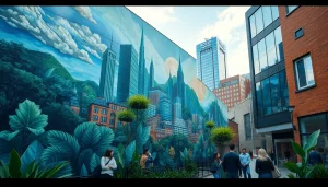 Mural przedstawiający tętniącą życiem panoramę miasta z elementami natury i życia miejskiego, ukazujący artystyczną transformację.