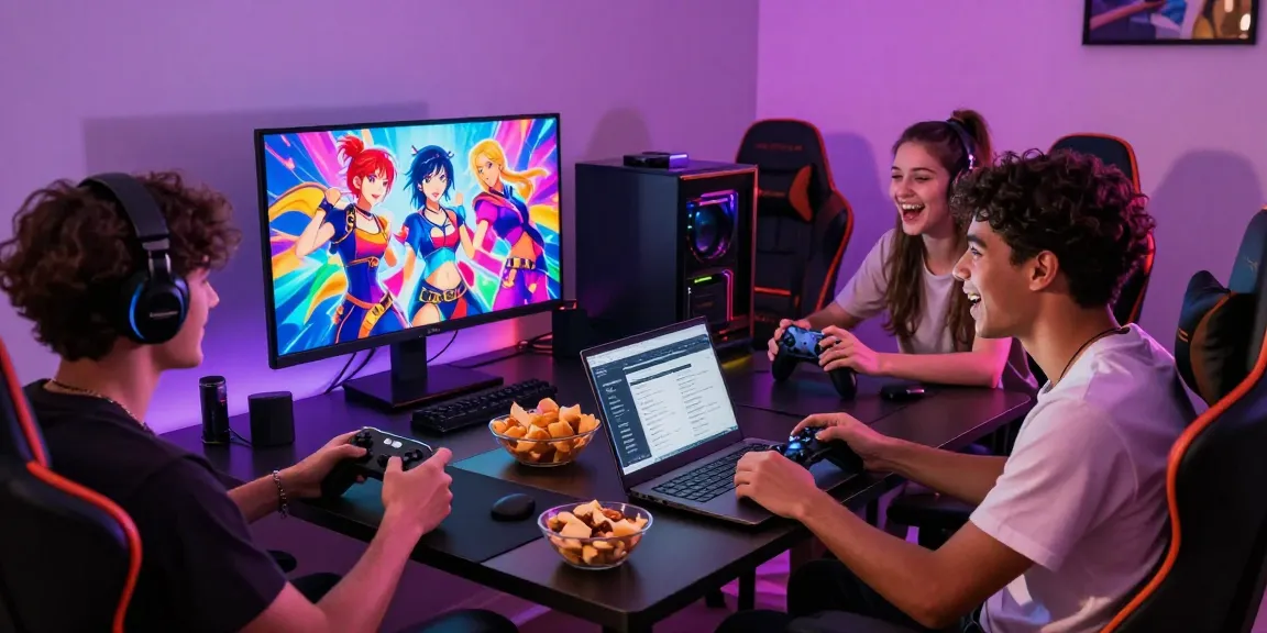 Young adults enjoying an engaging adult game night together, showcasing interactive visual novel gameplay.